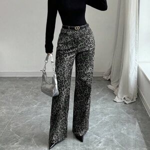 Rafferiza Leopard Print Straight Leg Casual High Waist Loose Wide Leg Cargo Pant